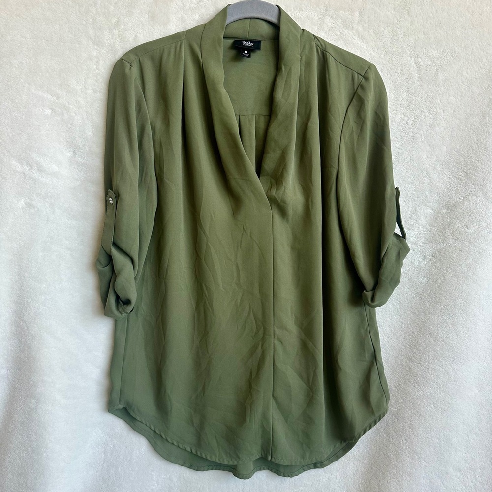 Mossimo Olive Green Drape Neck Tunic Blouse Roll Tab Sleeve Workwear Small